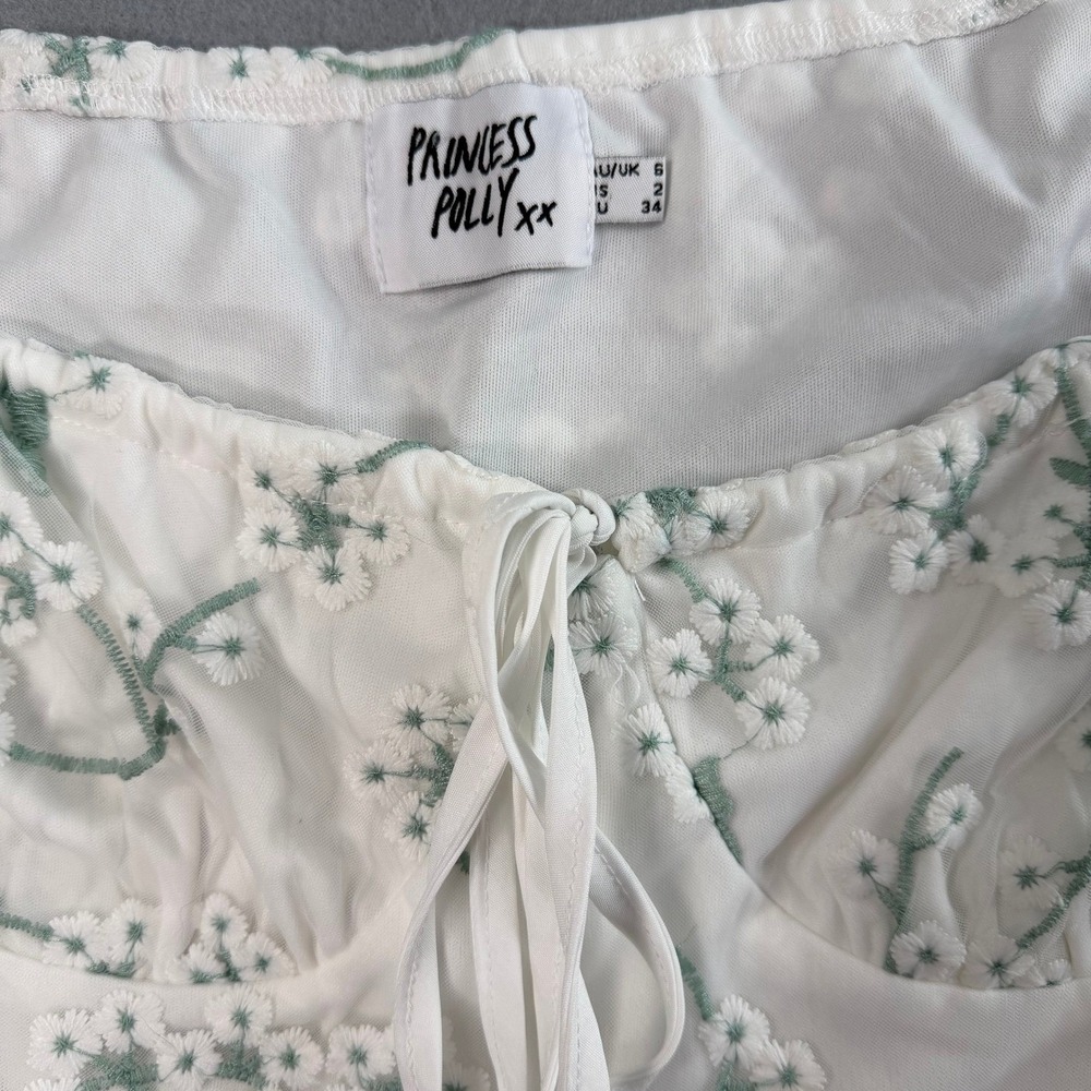Princess Polly Cottagecore Dress Womens 2 White Green Floral Embroidered Mesh - Picture 3 of 8